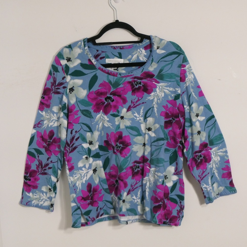 Carole Hochman Womens Top L Blue Purple Floral Cotton Botanical Garden Feminine